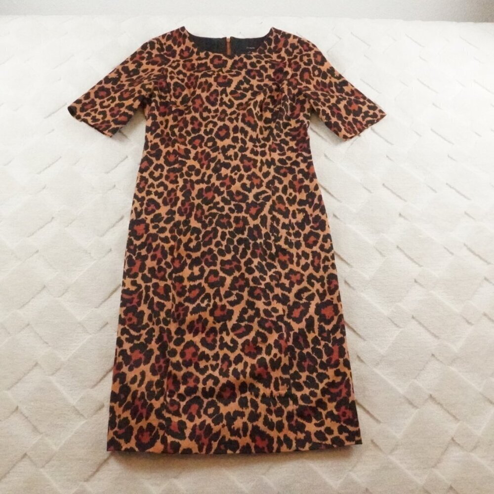 J.Crew Elbow-sleeve Sheath Dress Womens 2 in leopard bi-stretch cotton